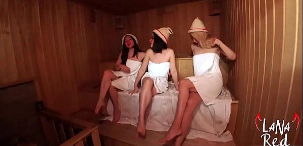  Busty Beauty has Fun in Sauna with Two Horny Lesbians - Female Orgasm